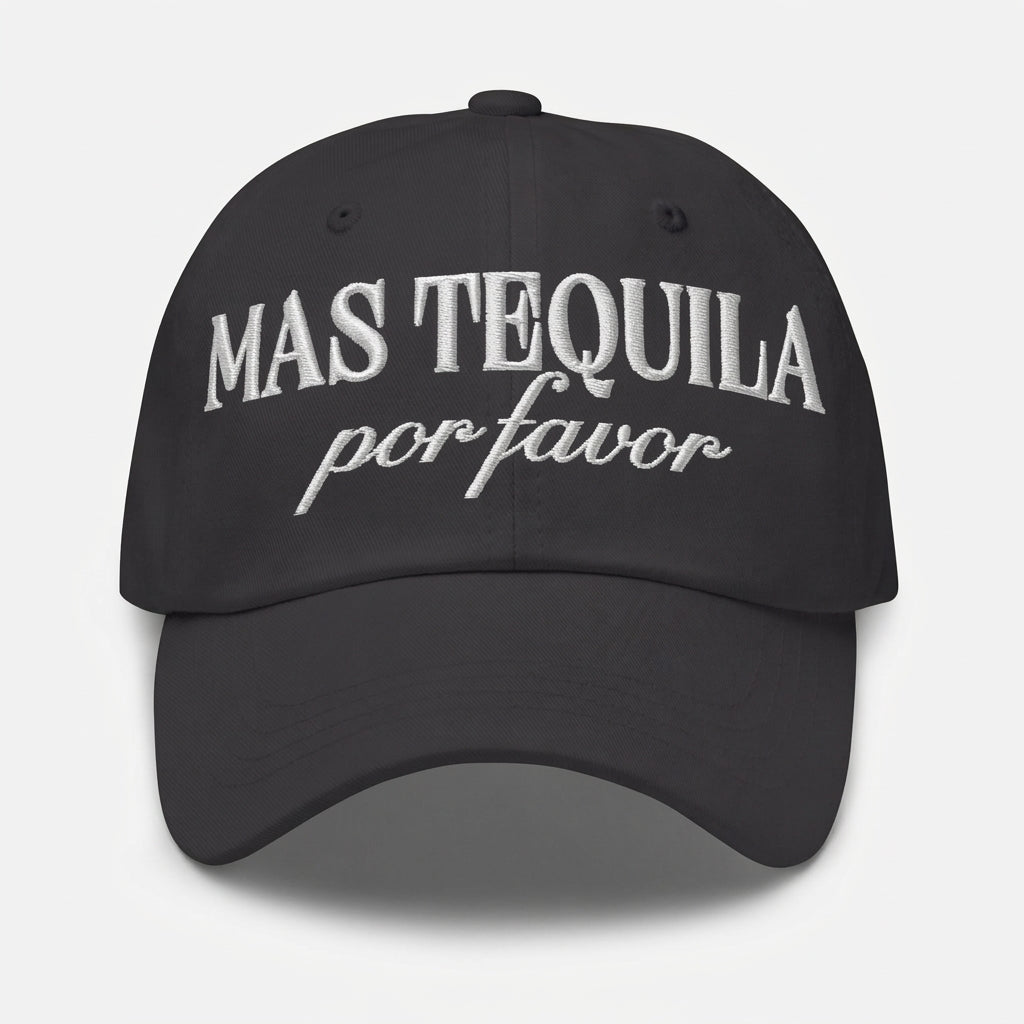Black cap with 'MAS TEQUILA por favor' text on a white background