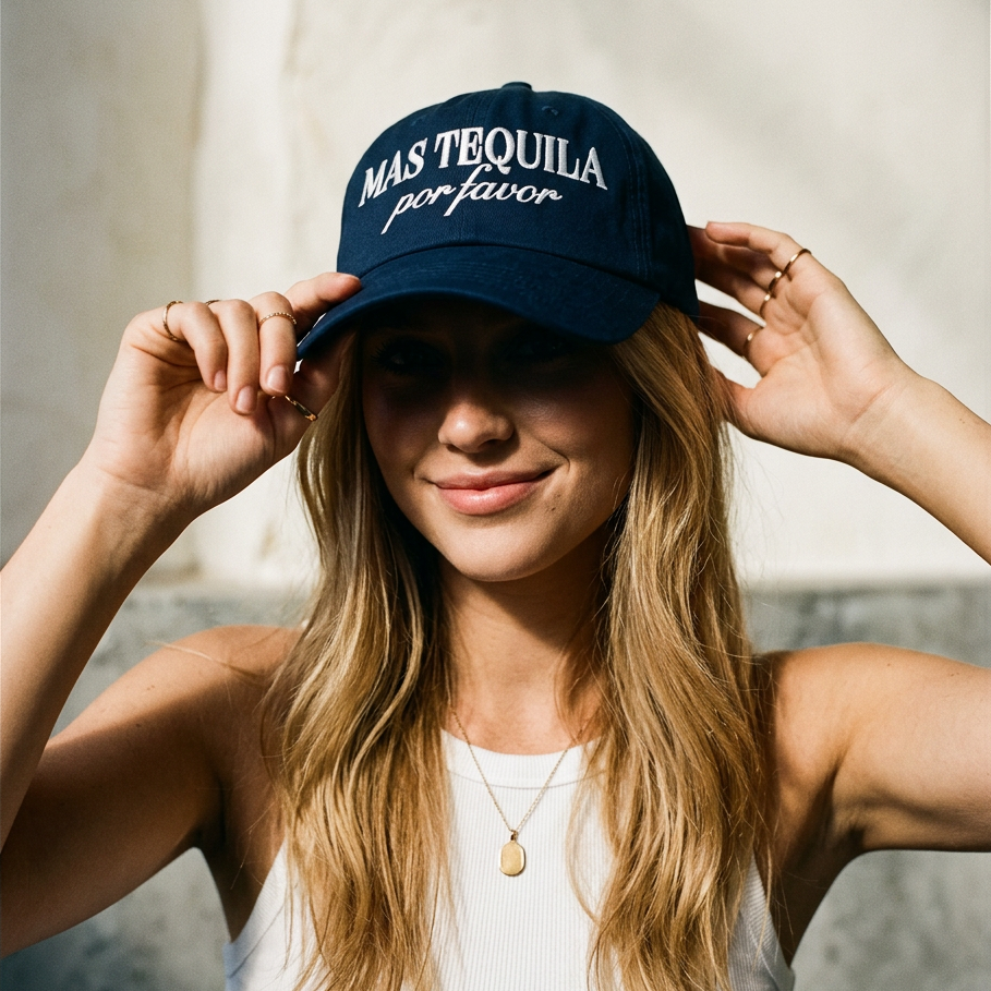 Woman wearing a navy blue cap with 'Mas Tequila por favor' text against a neutral background