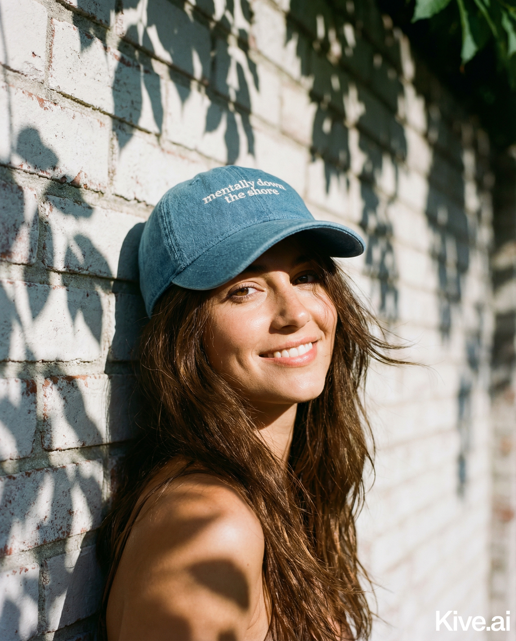 Woman wearing a blue cap with text, leaning against a brick wall.